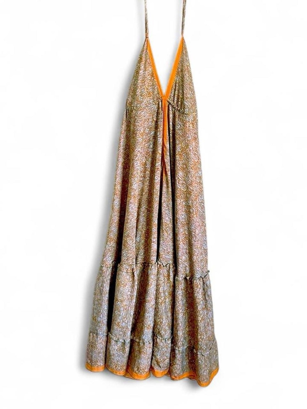 Bohemian V-Neck Maxi Dress with Orange Trim One size